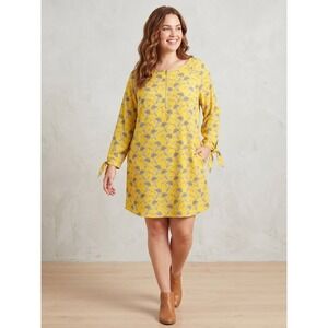 Yellow Floral Zip Front Shift Dress with Tie Cuffs and Pockets 2X